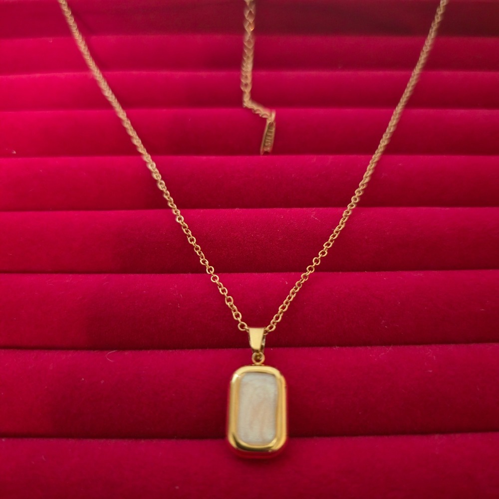 Gold Plated Stainless Steel Cream Resin Inlay Rectangle Pendant Necklace 18in